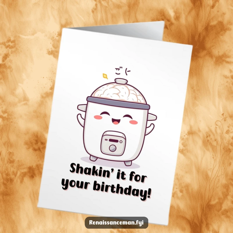 Funny Free Printable Birthday Card: A joyful rice cooker shimmying happily with a satisfied aroma, celebrating.