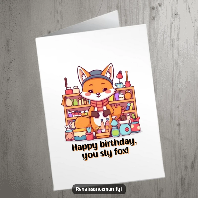 Funny Free Printable Birthday Card: A proud fox stands confidently behind a large display of goodies, celebrating a special day.