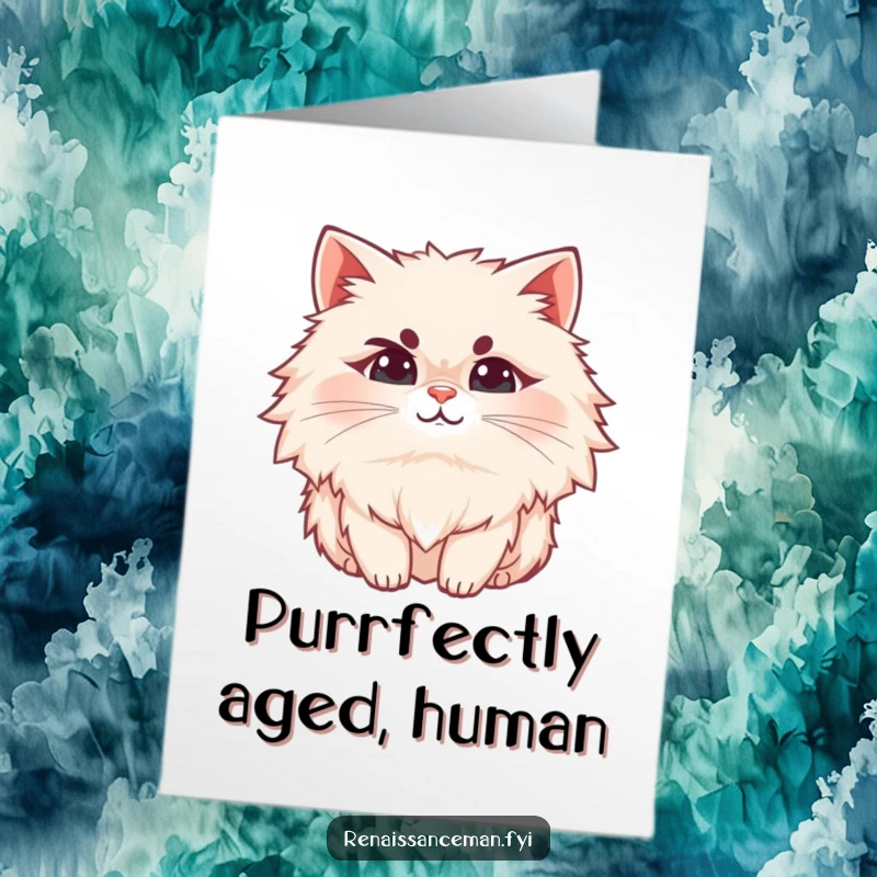 Funny Free Printable Birthday Card: A fluffy cat with a raised eyebrow and a subtle smirk, judgingly wishing happy birthday.