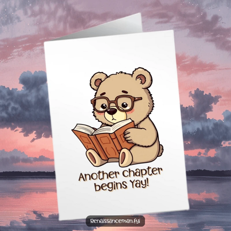 Funny Free Printable Birthday Card: A scholarly bear wearing spectacles intently reads a large, old book.