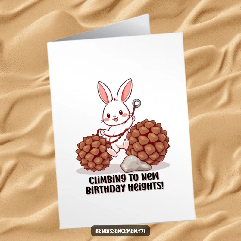 Funny Free Printable Birthday Card: Adorable bunny with grappling hook climbing a pinecone, ready for a hilarious celebration.