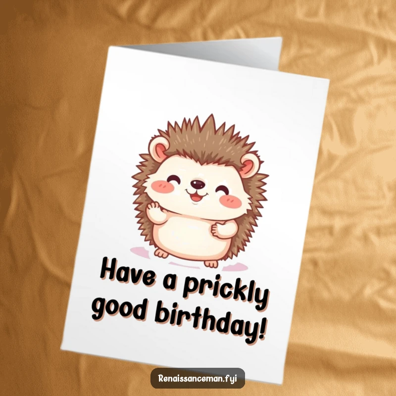 Funny Free Printable Birthday Card: Joyful hedgehog delicately placing a photo, capturing a special birthday memory, downloadable gift.
