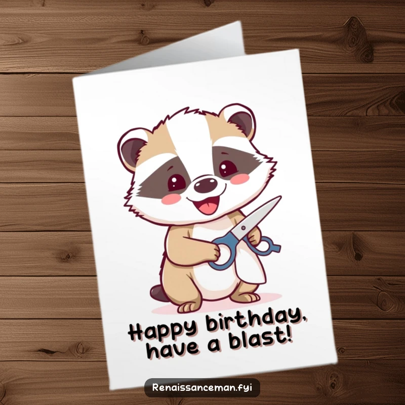 Funny free printable birthday card: a beaming badger happily uses sharp scissors to cut birthday cloth.
