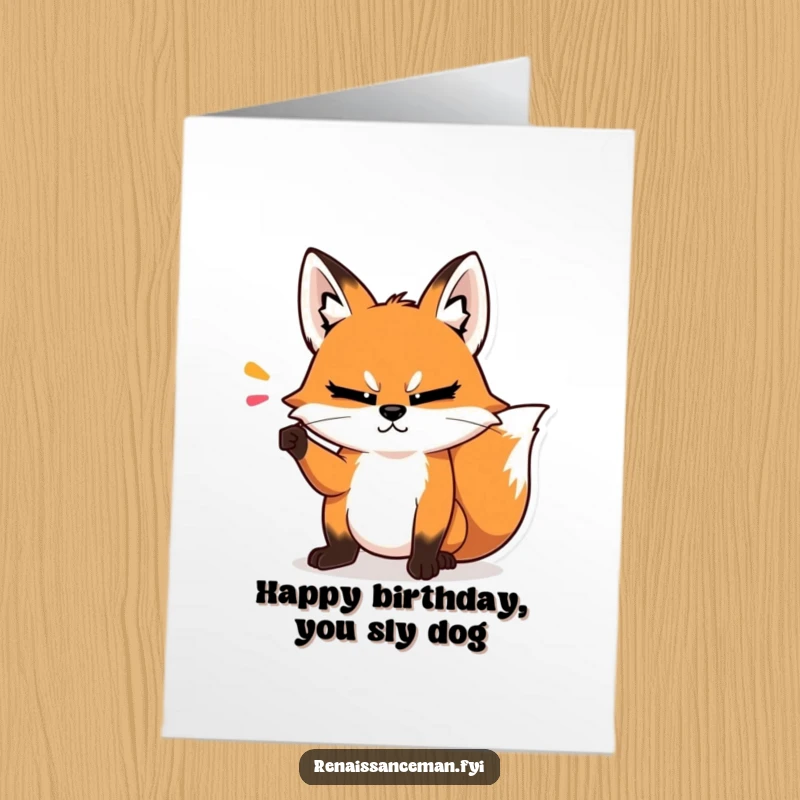 Funny Free Printable Birthday Card: Smug fox makes a dramatic point with a condescending head tilt, delivering a hilariously superior birthday wish.