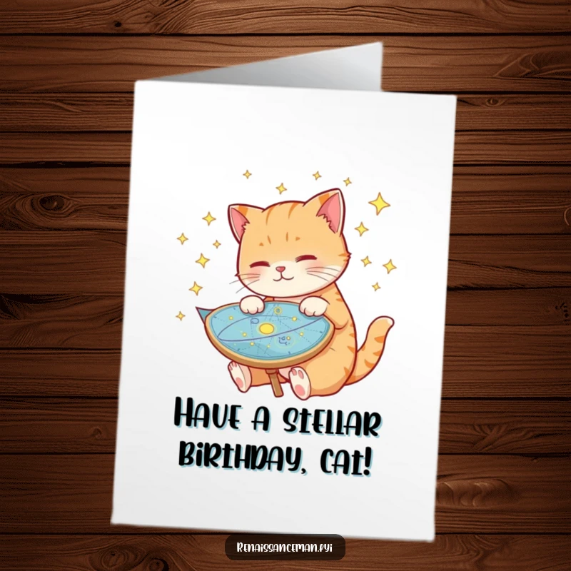 Funny free printable birthday card featuring a playful cat studying a star map, a unique downloadable for astronomers.