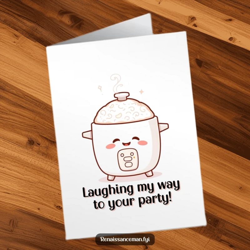 Funny Free Printable Birthday Card: A giggling rice cooker sends playful steam swirls, wishing a hearty happy birthday.
