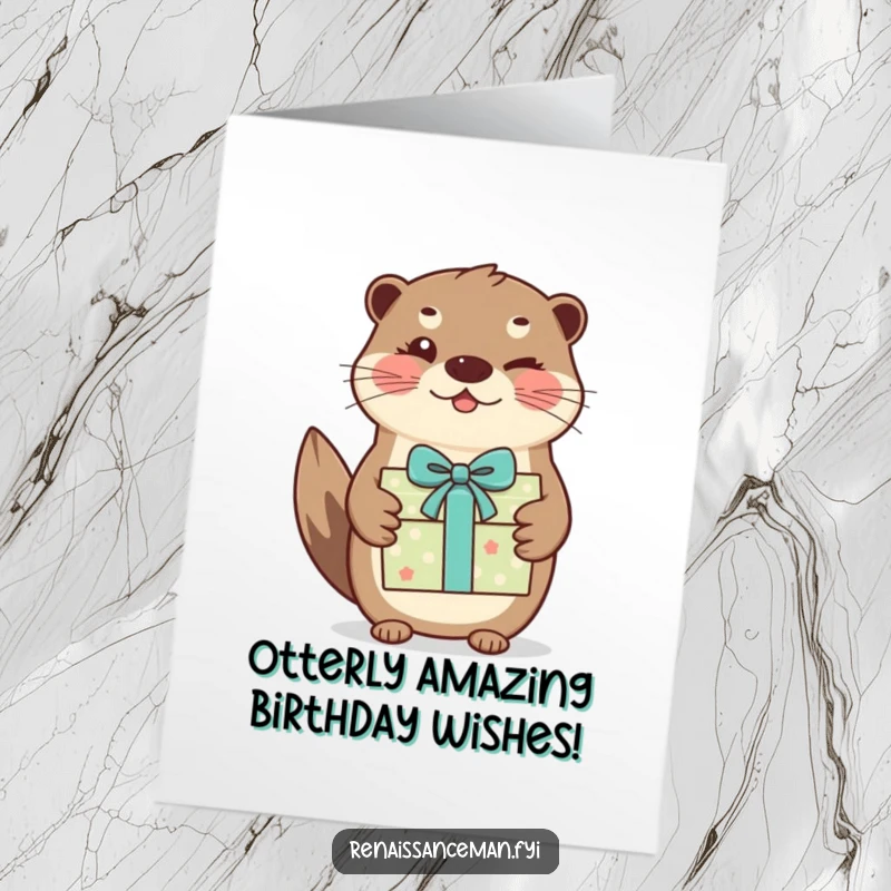 Funny Free Printable Birthday Card: A beaming otter winks as he presents a beautifully wrapped gift, wishing a happy birthday.