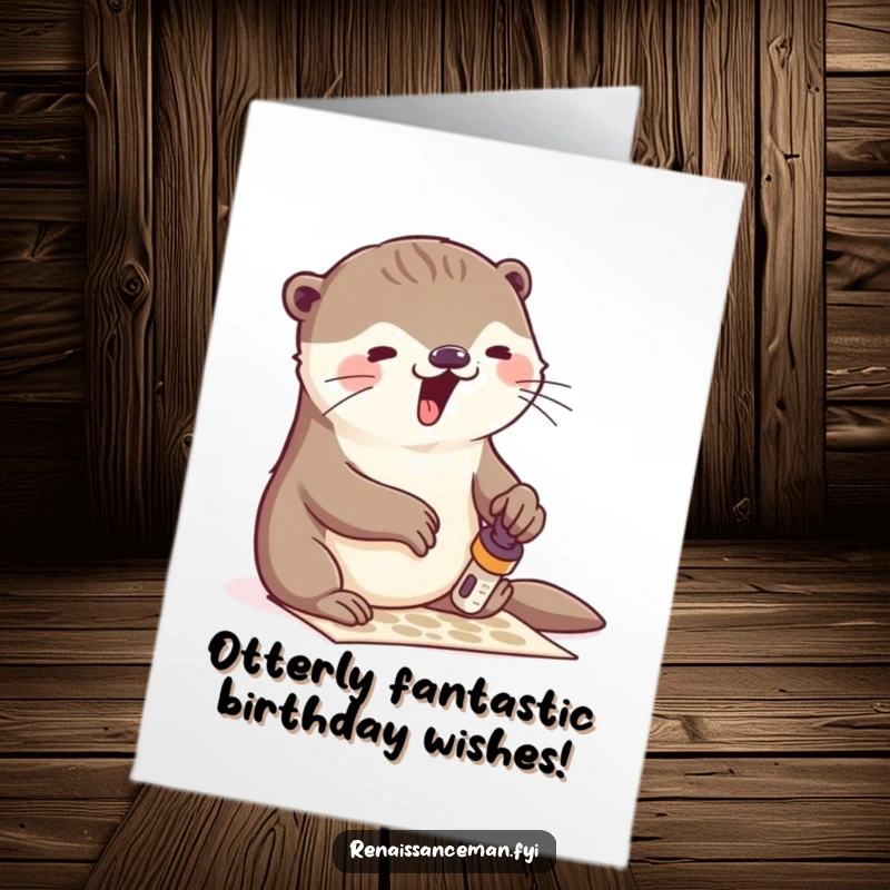 Funny Free Printable Birthday Card: Otter joyfully stamps a colorful pattern, spreading birthday cheer, perfect DIY gift.