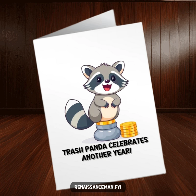 Funny Free Printable Birthday Card: Delighted raccoon stacks shiny coins, a mischievous smile, perfect for a greedy birthday wish.