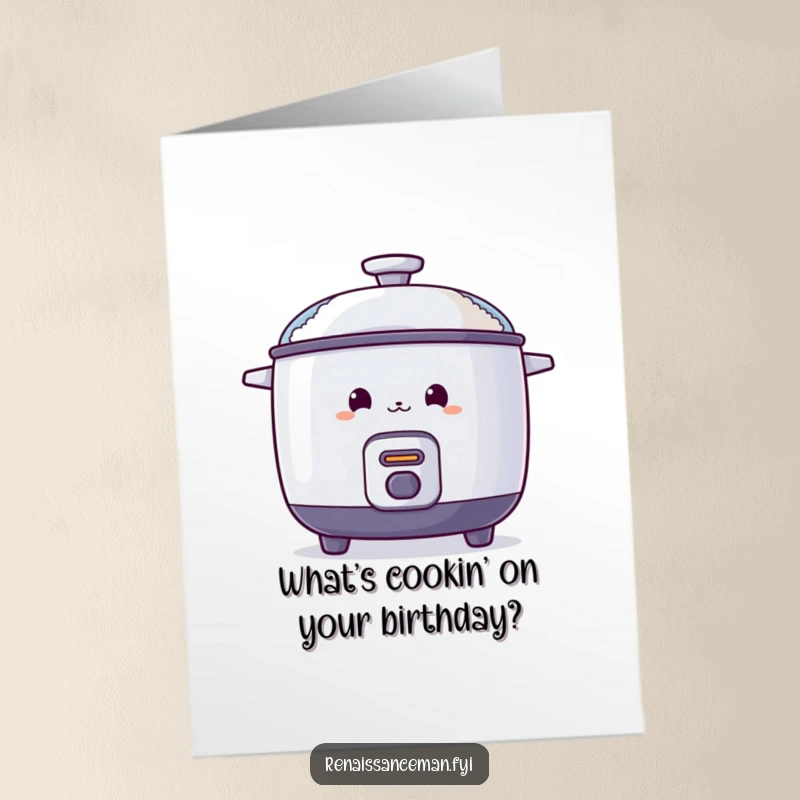 Funny Free Printable Birthday Card: A curious rice cooker peeks from behind a steaming lid, full of birthday anticipation.