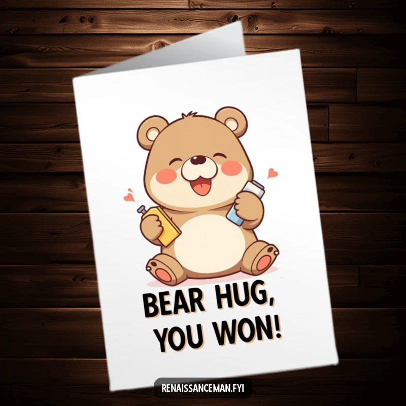 Funny Free Printable Congratulations Card: Giggling bear demonstrating a product with exaggerated happy movements for success.