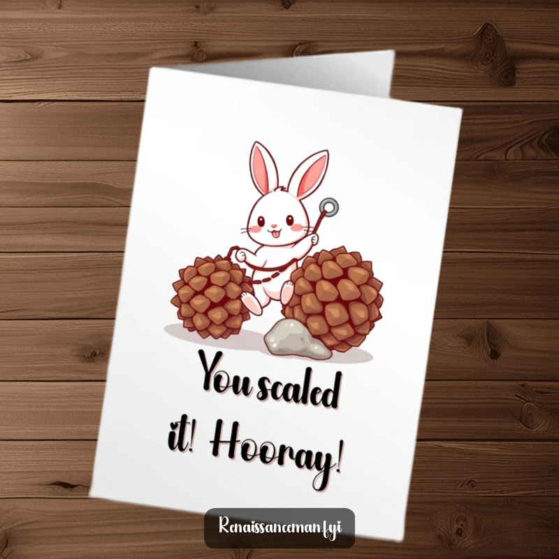 Funny Free Printable Congrats Card: Cheerful bunny using grappling hook for a triumphant climb, celebrating any achievement.