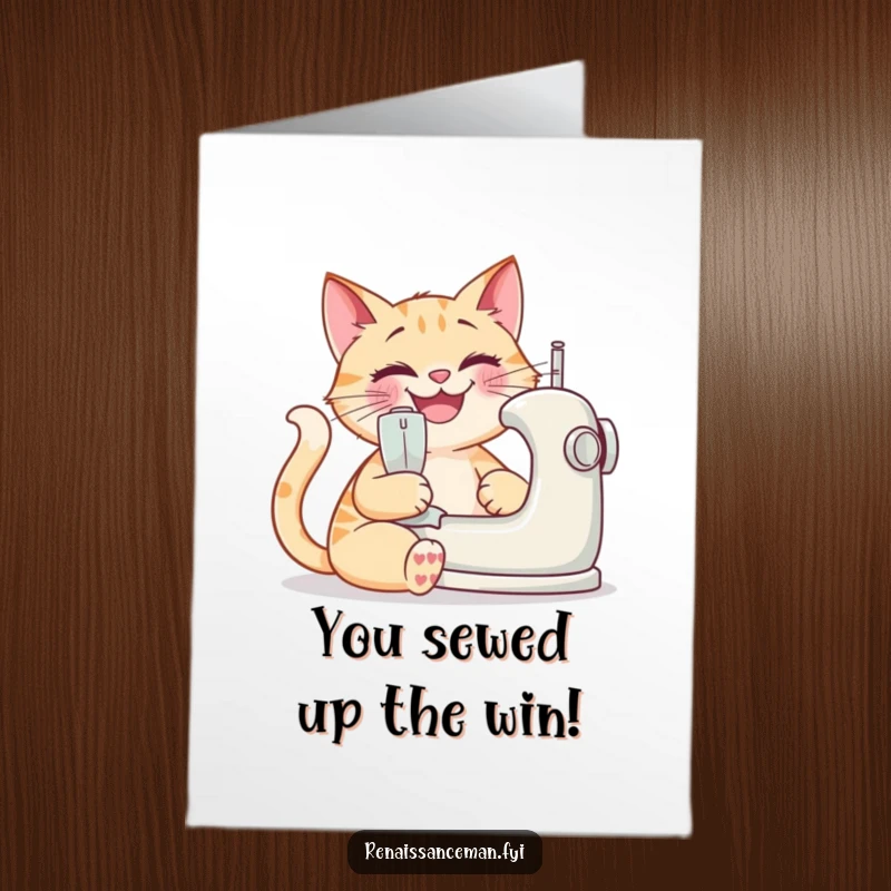 Funny Free Printable Congratulations Card: Grinning cat sewing, celebrating accomplishments with crafty joy.