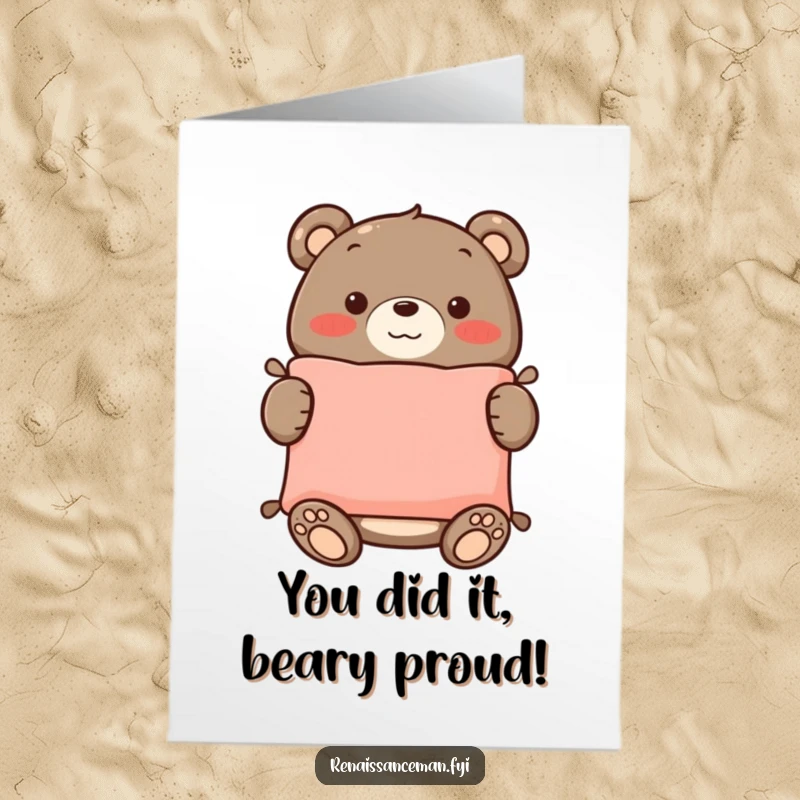 Funny free printable congratulations card featuring a proud bear proudly displaying a stitched cushion for a celebratory message.