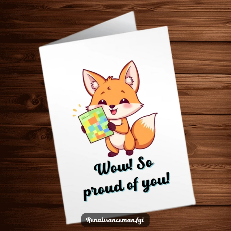 Funny Free Printable Congrats Card: Happy fox enthusiastically presenting a colorful sample with a flourish, celebrating achievements.