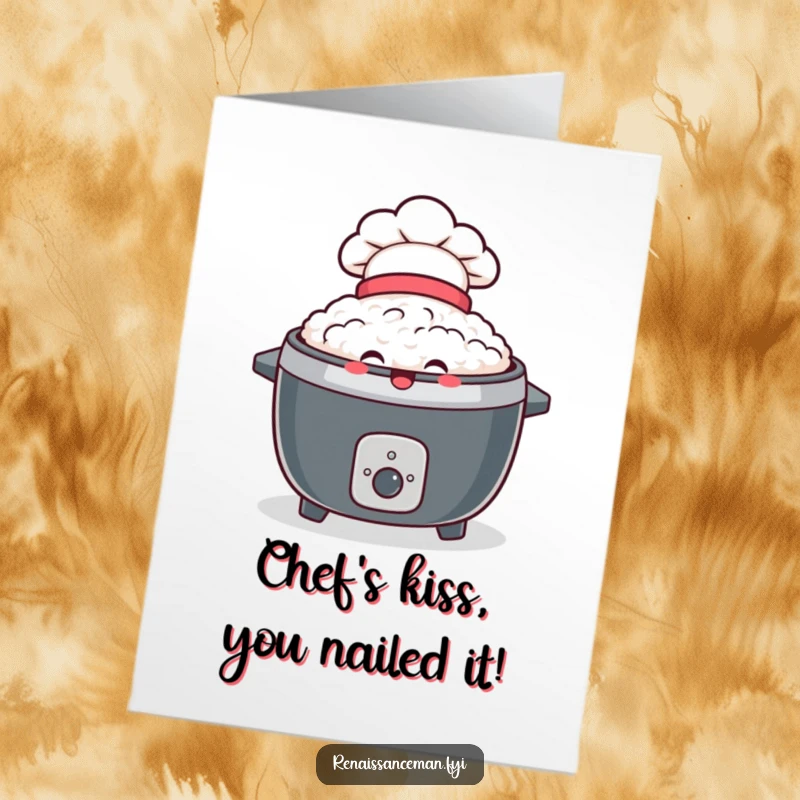 Funny Free Printable Congrats Card: A delighted rice cooker with a chef hat beams, celebrating achievement.