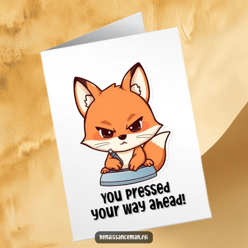 Funny free printable congratulations card of a determined fox intently pressing a seam on fabric with a serious look.