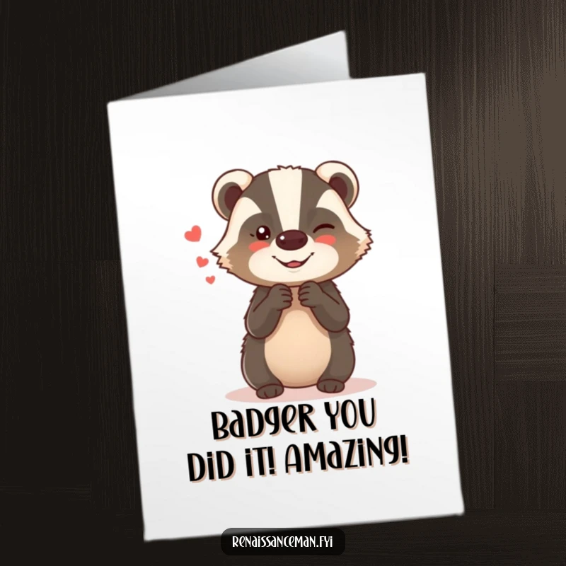 Funny Free Printable Congrats Card: Giggling badger whispers secrets with a mischievous glint, perfect for sharing exciting news.