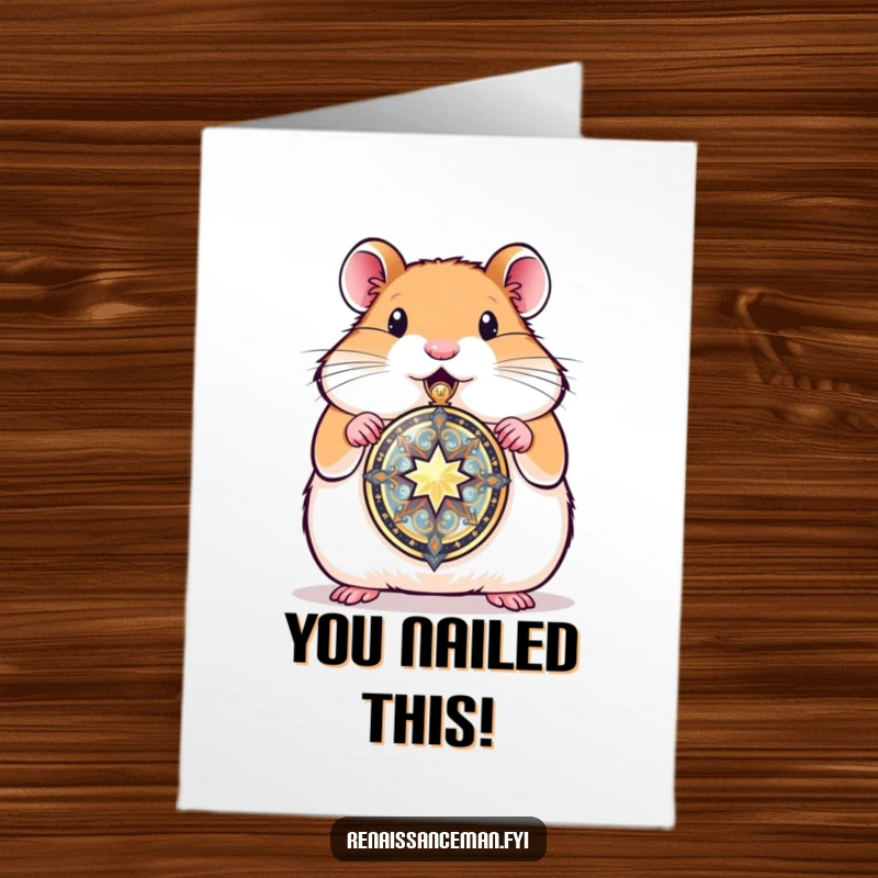 Funny Free Printable Congratulations Card where a proud hamster offers a gleaming, crafted locket, celebrating a wonderful milestone.
