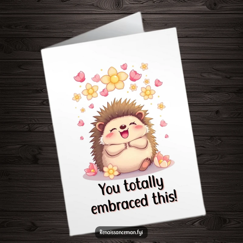 Funny Free Printable Congratulations Card featuring a happy hedgehog embracing amid glowing petals, celebrating a wonderful success.
