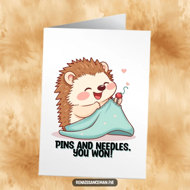 Funny free printable congratulations card showing a joyful hedgehog delicately pinning a pattern onto fabric with careful movements.