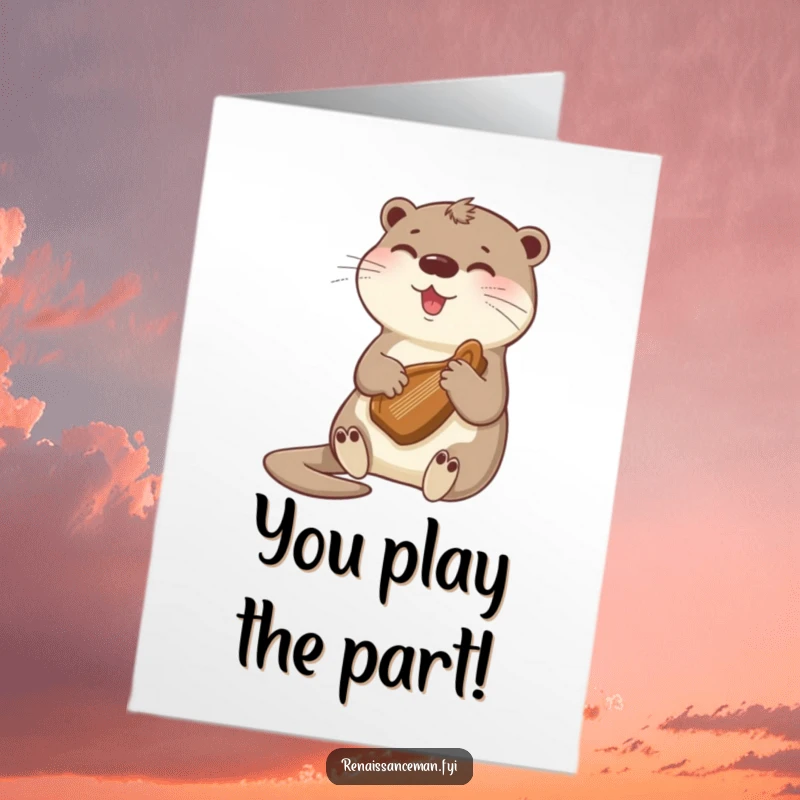 Funny Free Printable Congratulations Card showing a happy otter playing a small harp, perfect for celebrating milestones.