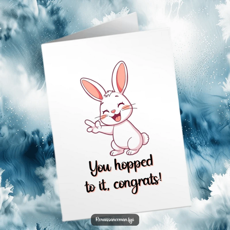 Funny Free Printable Congrats Card: Cheerful rabbit with a playful grin enthusiastically swiping left. Humorous downloadable art.