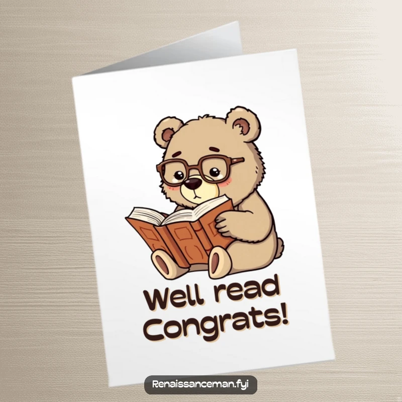 Funny Free Printable Congratulations Card: A studious bear with glasses is engrossed in reading a massive, ancient book.