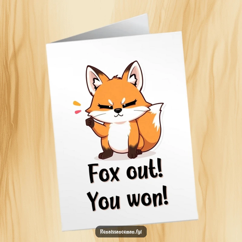 Funny Free Printable Congrats Card: Smug fox makes a dramatic point with a condescending head tilt, perfect for lofty congratulations.