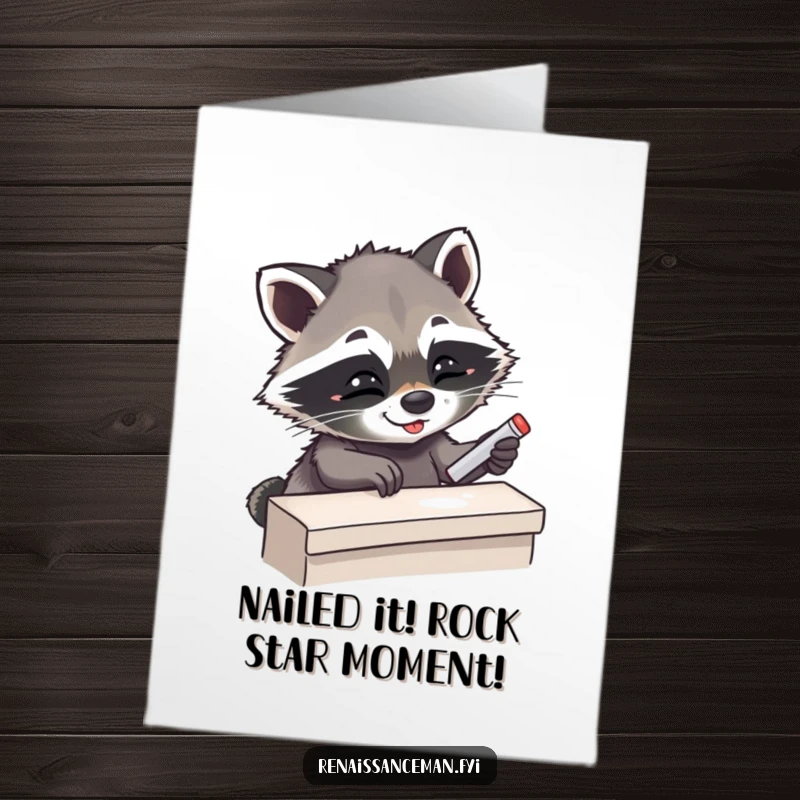 Funny Free Printable Congrats Card: Amused raccoon carefully chalking up a ledge, celebrating a successful climb.