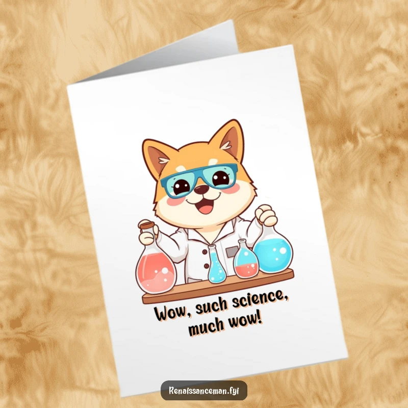 Funny Free Printable Congratulations Card: Beaming Shiba Inu shows off a successful bubbling science experiment, a joyous congrats.
