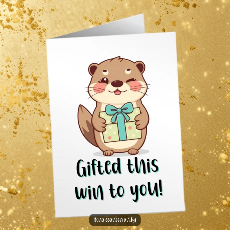 Funny Free Printable Congratulations Card: A happy otter winks knowingly while handing over a beautifully wrapped gift for their win.