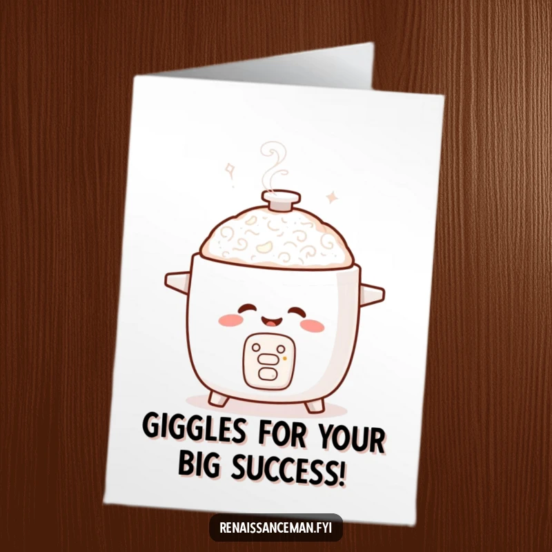 Funny Free Printable Congrats Card: A giggling rice cooker creates a playful steam swirl, celebrating success.