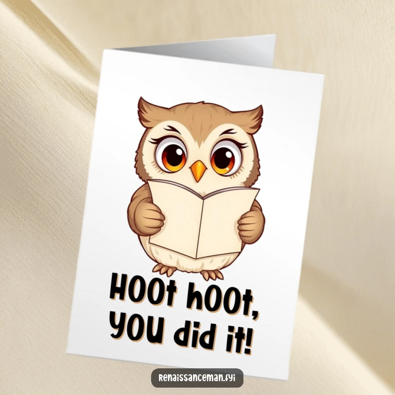 Funny Free Printable Congratulations Card: A curious owl engrossed in a grand love letter, conveying excitement for their success.