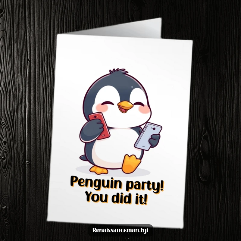 Funny free printable congratulations card, giggling penguin making a funny face holding a phone, humorous animal tech congrats.