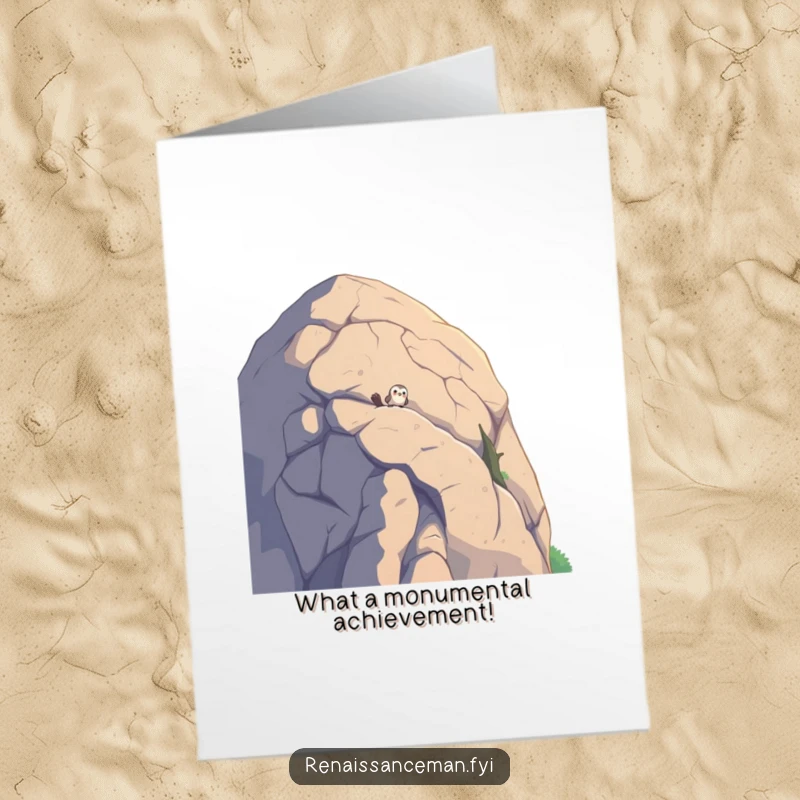Funny Free Printable Congrats Card: Adorable bird peeking over a huge boulder, celebrating achievements with curiosity.