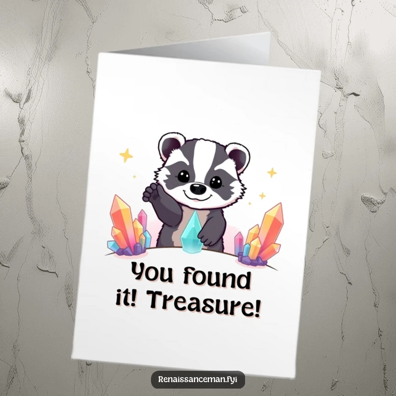 Funny Free Printable Congrats Card: Joyful badger stretching towards a sparkling, colorful crystal discovery.