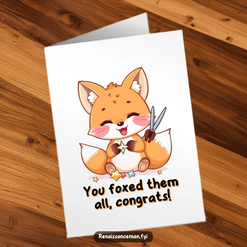 Funny Free Printable fox excitedly cutting a shiny embellishment for a congratulations card, capturing pure joy, great DIY gift.