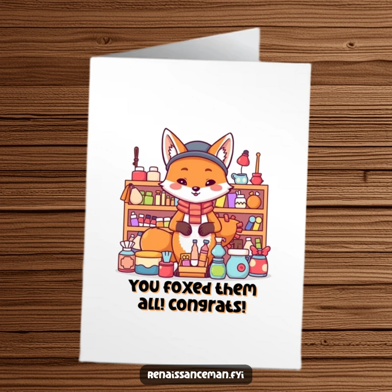Funny Free Printable Congratulations Card: A proud fox stands behind a large display of items, exuding confidence in their success.