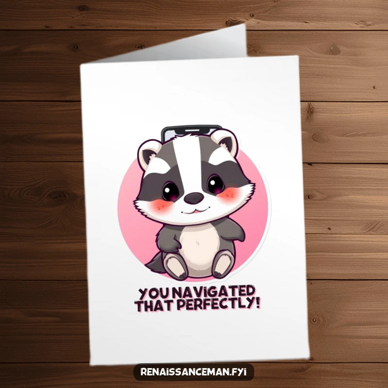 Funny Free Printable Congratulations Card showing a beaming badger with intense focus navigating through digital apps, celebrating a successful endeavor.