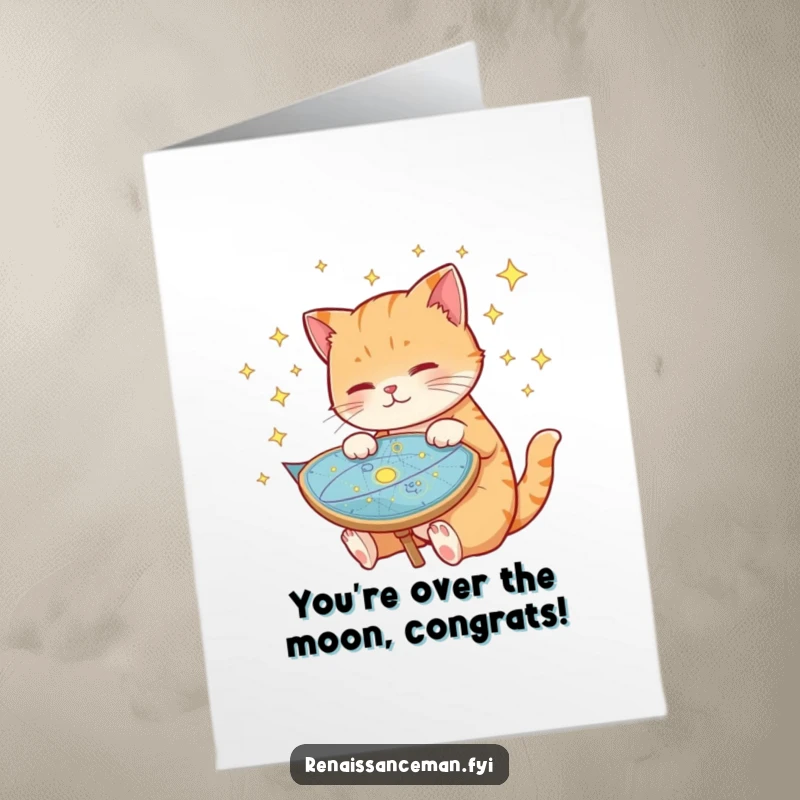 Funny free printable congratulations card showing a curious cat examining a celestial map surrounded by stars, a downloadable delight.