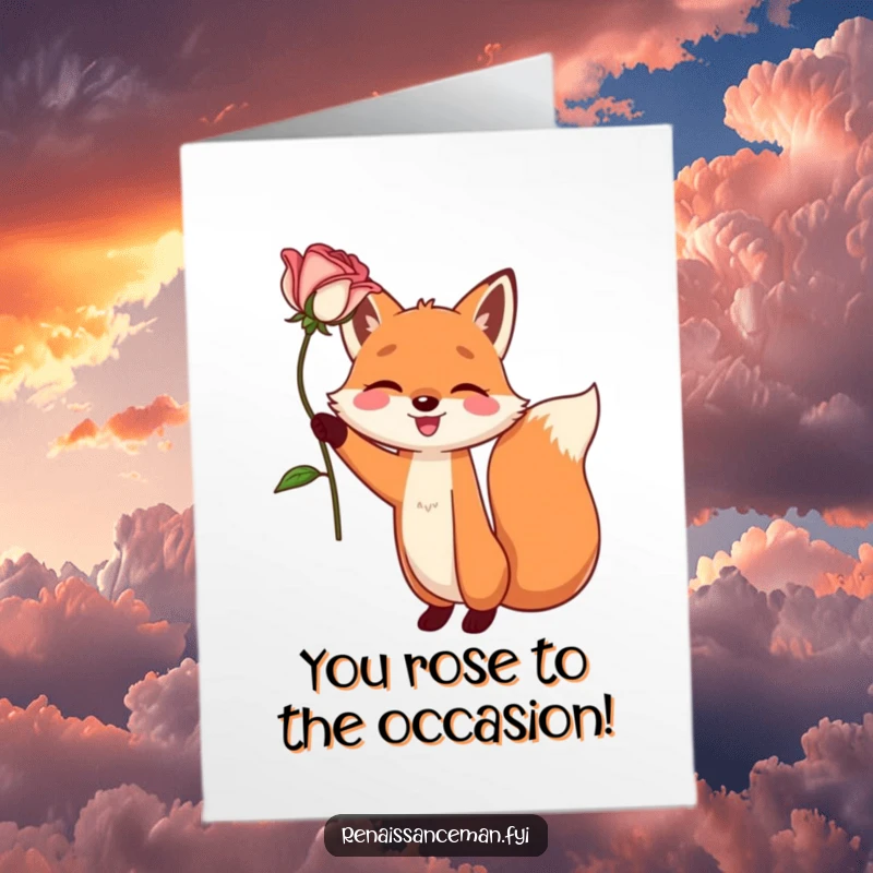 Funny free printable congratulations card featuring a happy fox holding a single, perfect rose aloft in a dramatic, celebratory pose.