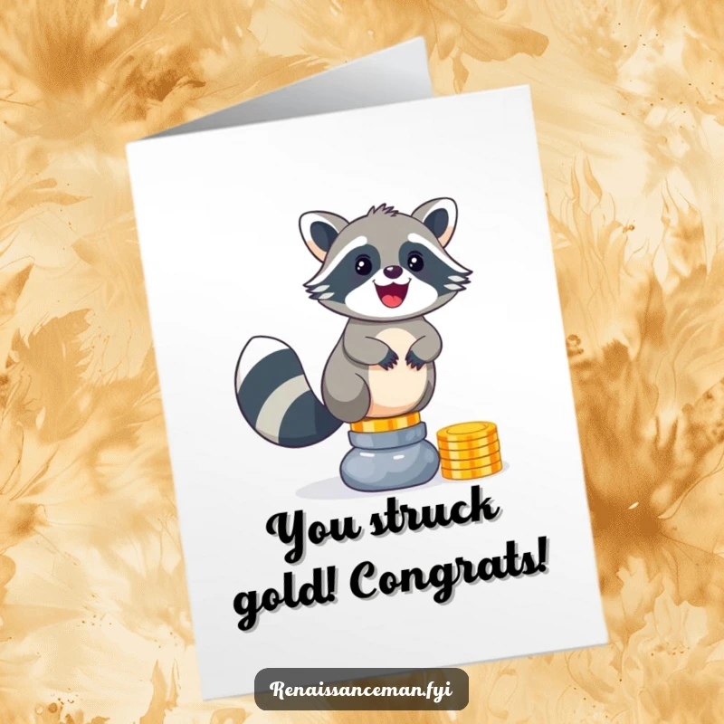 Funny Free Printable Congratulations Card: Raccoon joyfully balances a tower of shiny coins, celebrating a successful achievement.