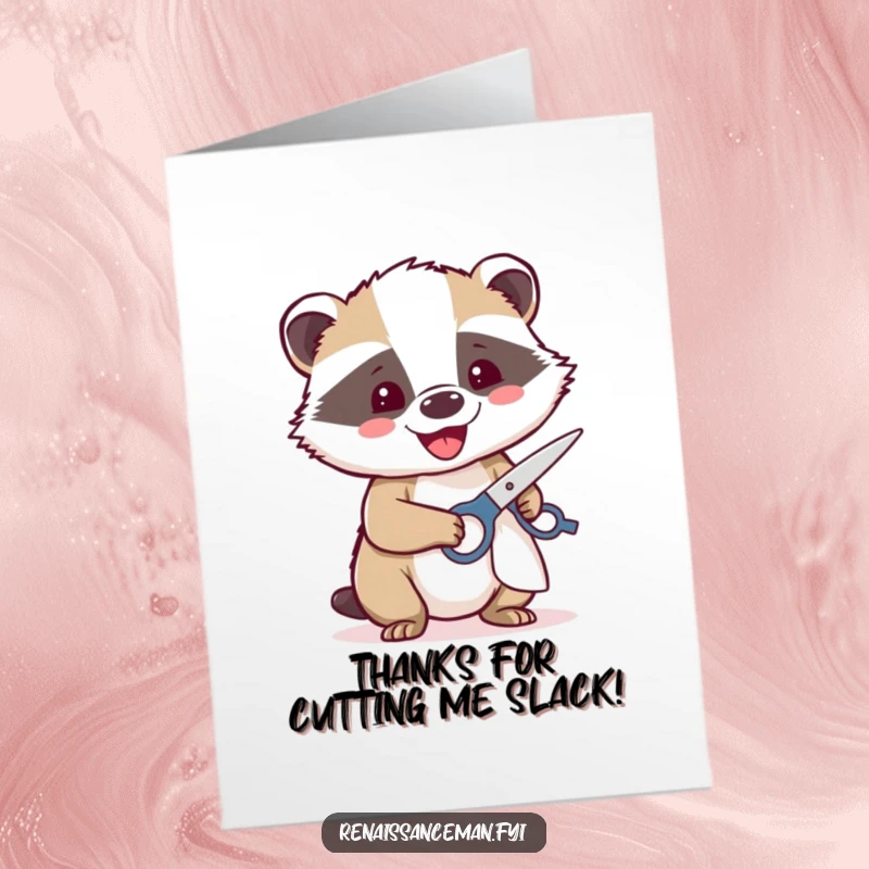 Funny free printable thank you card: a beaming badger happily uses sharp scissors to cut a piece of cloth.