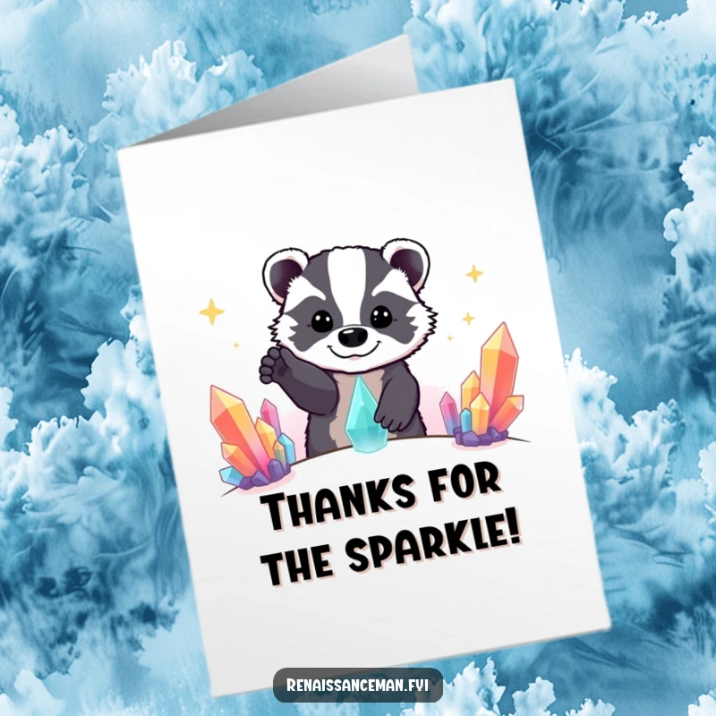 Funny Free Printable Thank You Card: Happy badger reaching out for a vibrant, distant crystal formation.