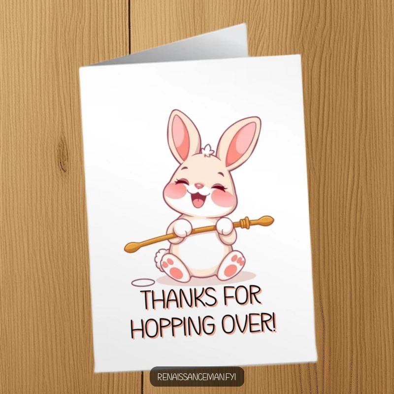 Funny Free Printable Thank You Card: Cheerful bunny threading a needle, showing gratitude with pure delight.