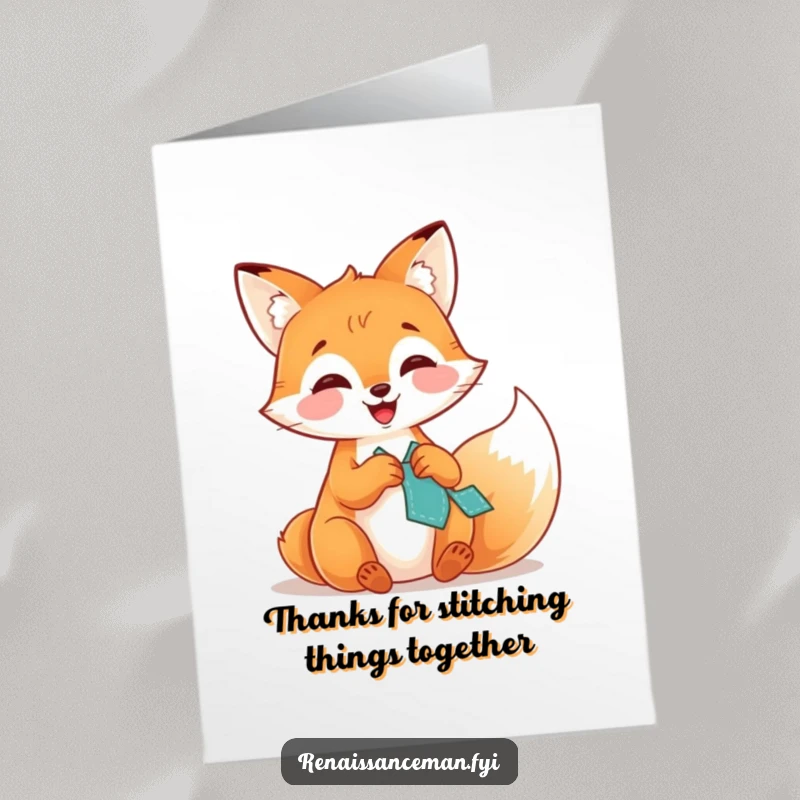 Funny Free Printable Thank You Card with a giggling fox stitching a patch, offering a unique and humorous way to say thanks.