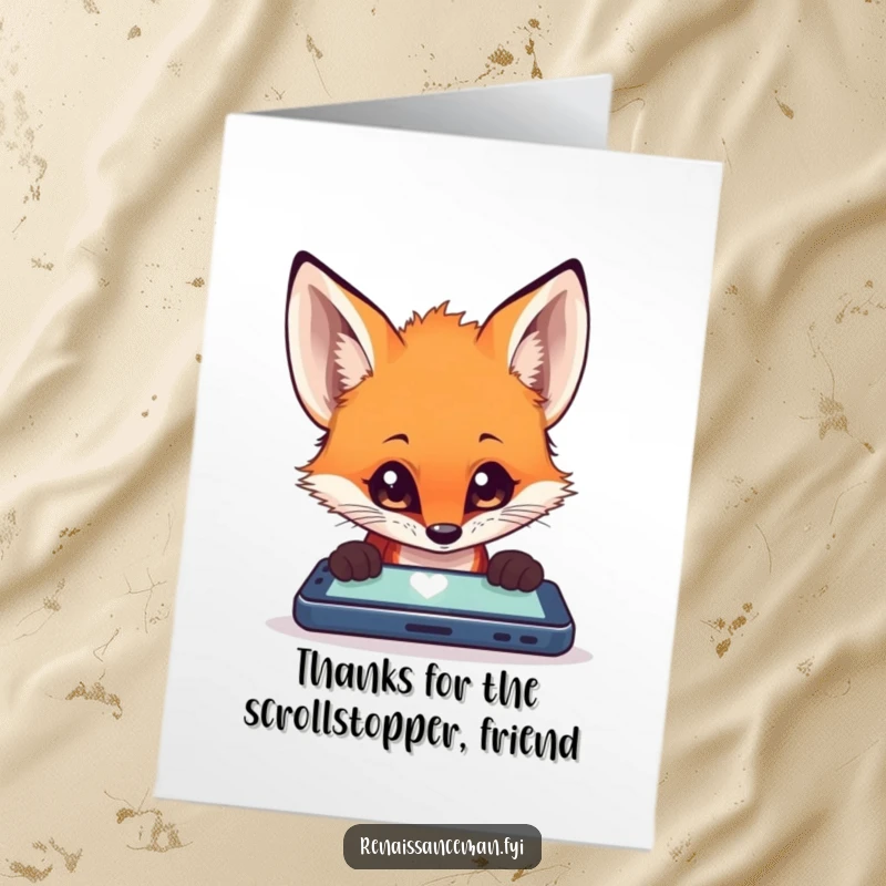 Funny free printable thank you card, curious fox engrossed in a smartphone, tech-inspired expression of gratitude.