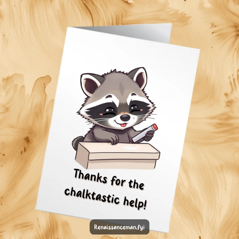 Funny Free Printable Thank You Card: Giggling raccoon artistically placing chalk, expressing gratitude with a smile.