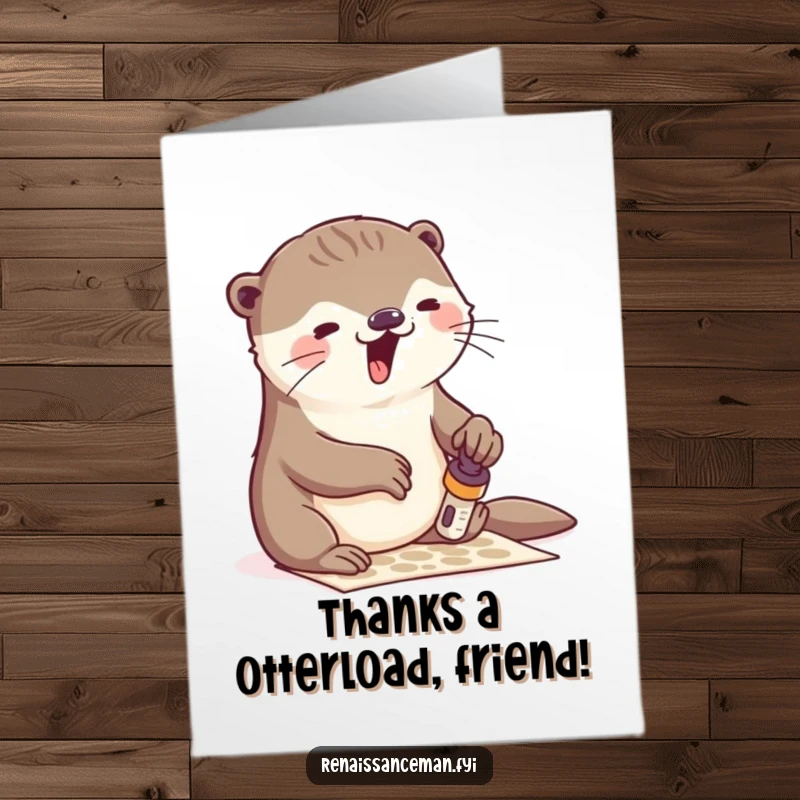 Funny Free Printable Thank You Card: Playful otter enthusiastically stamping a pattern, expressing gratitude with humor, download now.
